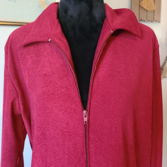 VTG Joanna Red Paisley Floral Collared Full Zip Stretch Pockets Womens Large - Picture 2 of 11